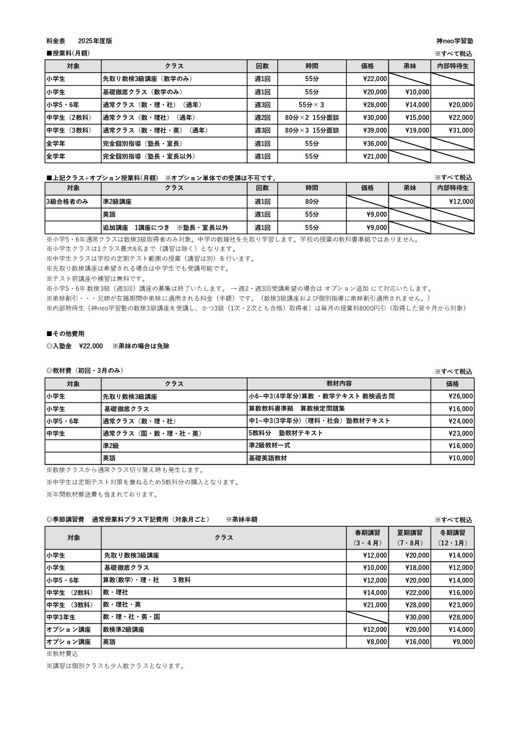 授業料一覧2025